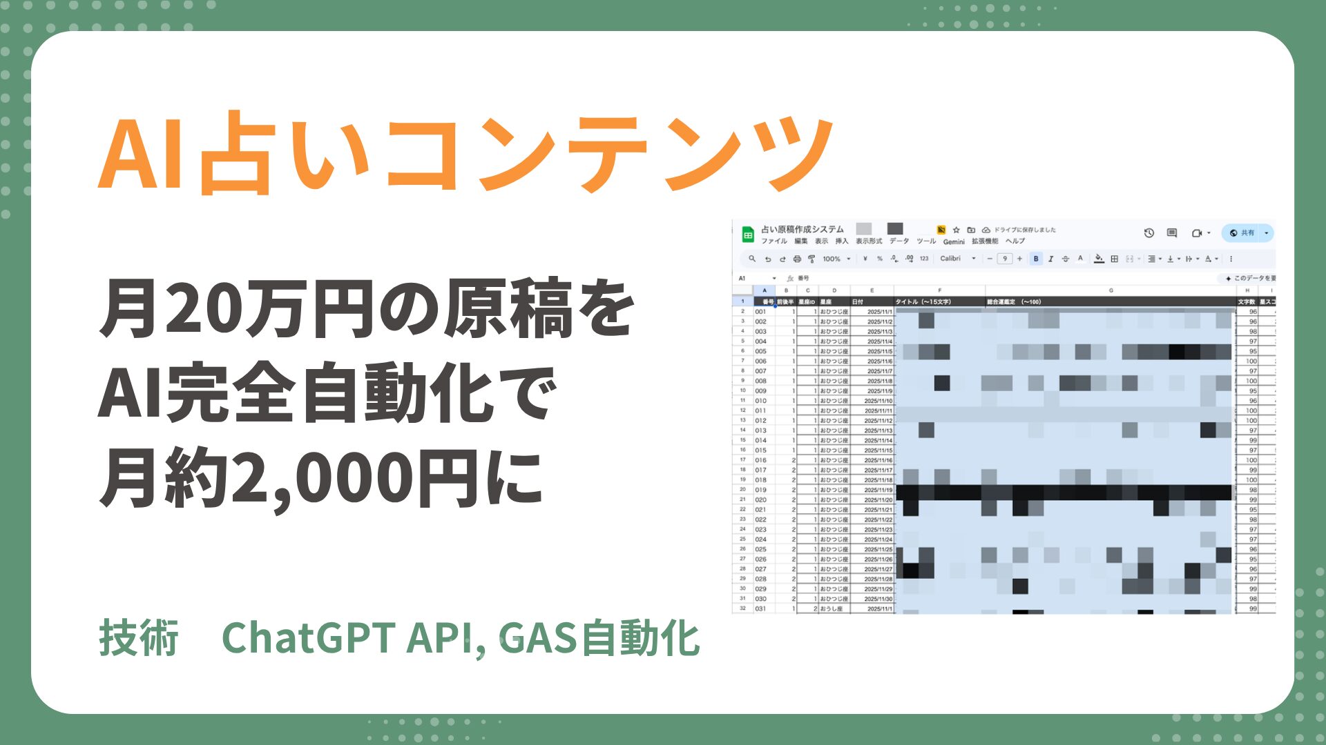 【AI占い 導入事例】プロライター月20万円の原稿制作をAIで完全自動化|月額約2,000円・精度そのまま