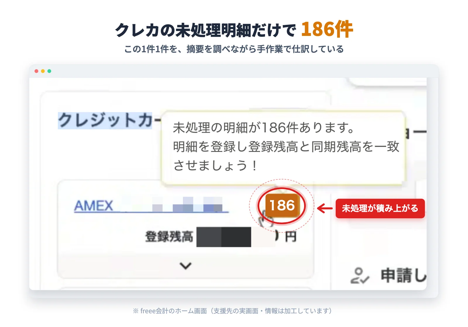 freee会計のホーム画面。クレカの未処理明細だけで186件