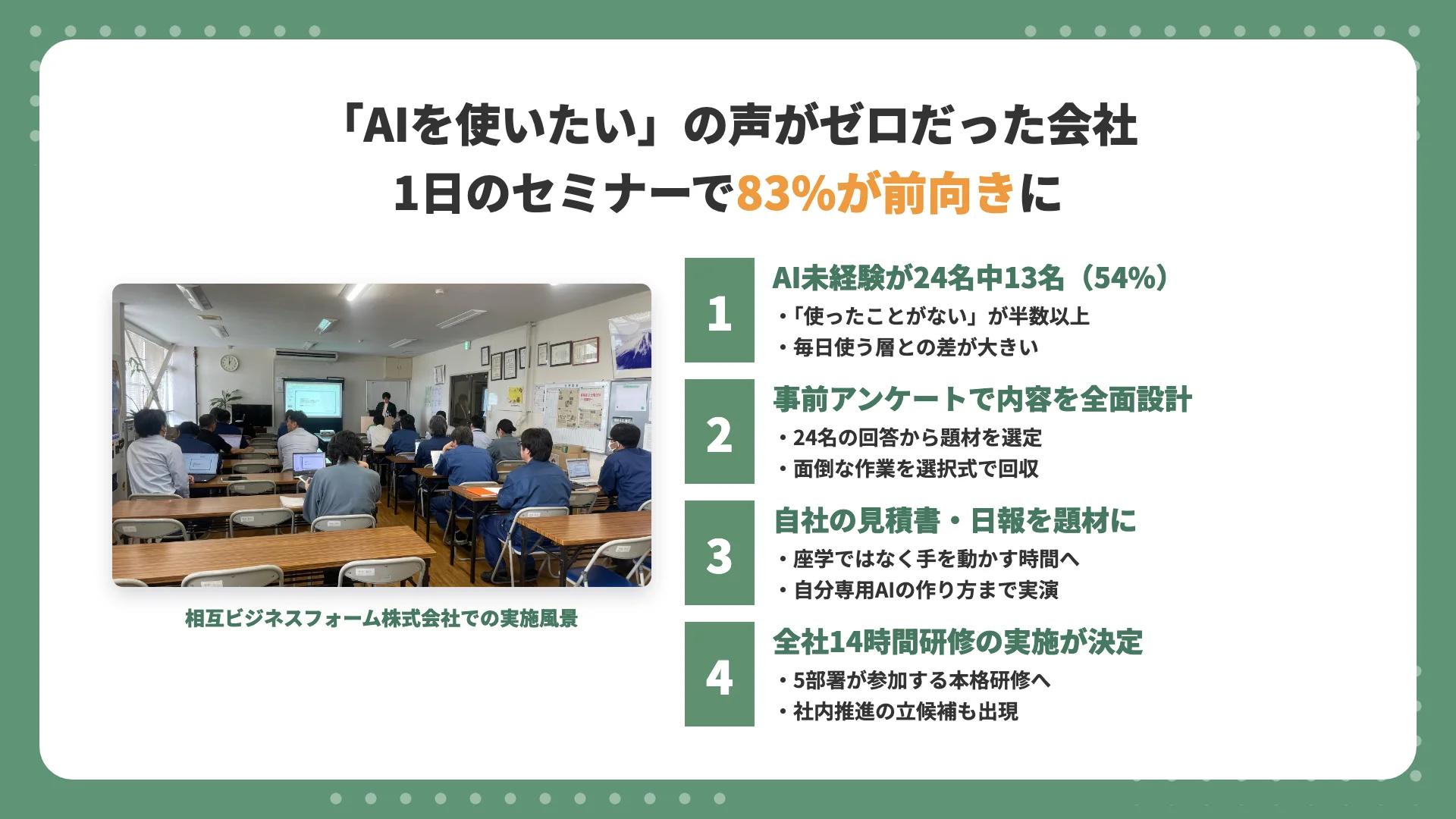 【印刷会社 AI研修事例】AI未経験が半数の現場を1日で変える｜83%が「前向き」に転換